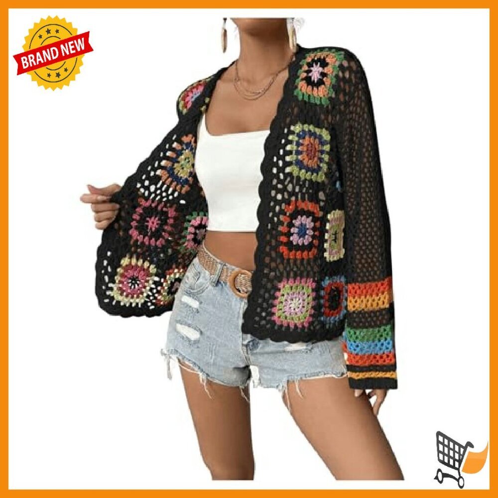 Floral Crochet Cardigan Long Sleeve Open Front Lightweight Sweater - Picture 4 of 7